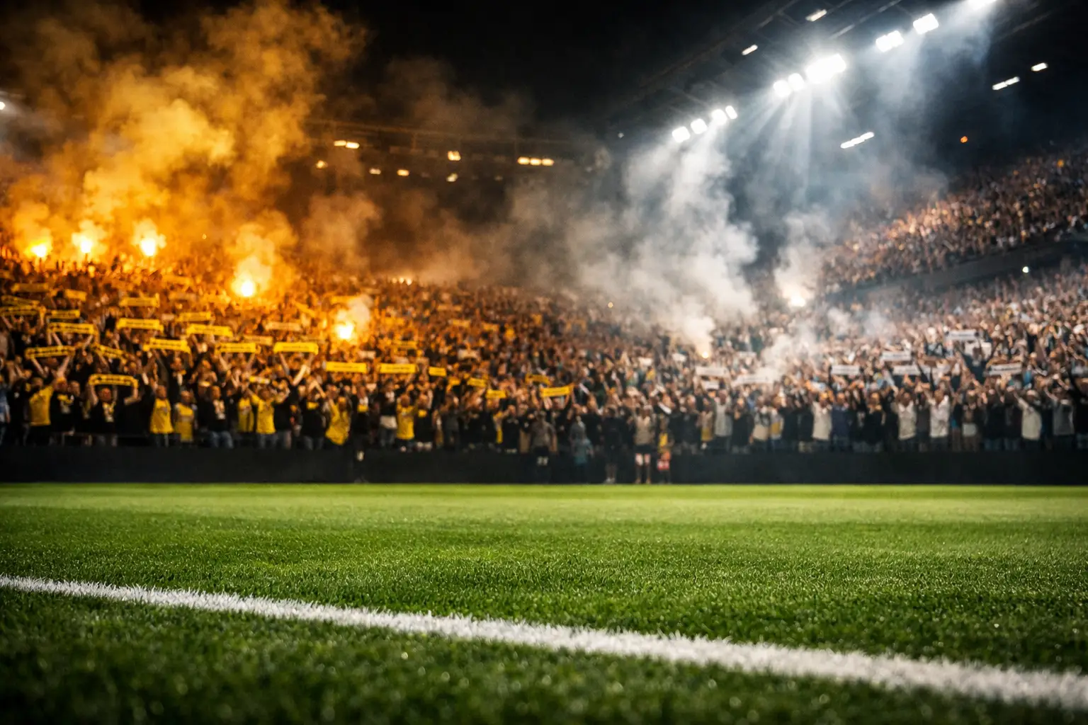 Intensive Bundesliga-Derby-Atmosphäre mit leidenschaftlichen Fans im Stadion