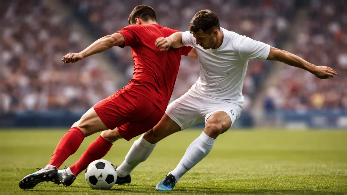 Fußballspieler im Zweikampf auf dem Rasen eines Bundesliga-Stadions
