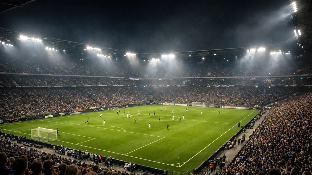 Bundesliga-Stadion während eines Abendspiels unter Flutlicht