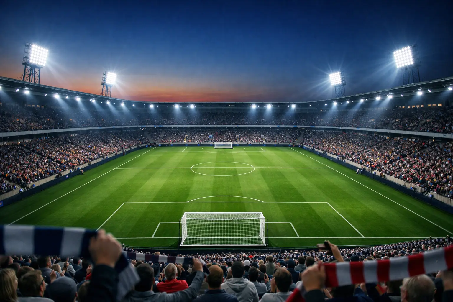 Bundesliga-Stadion mit Fans und Rasenspielfeld bei Flutlicht