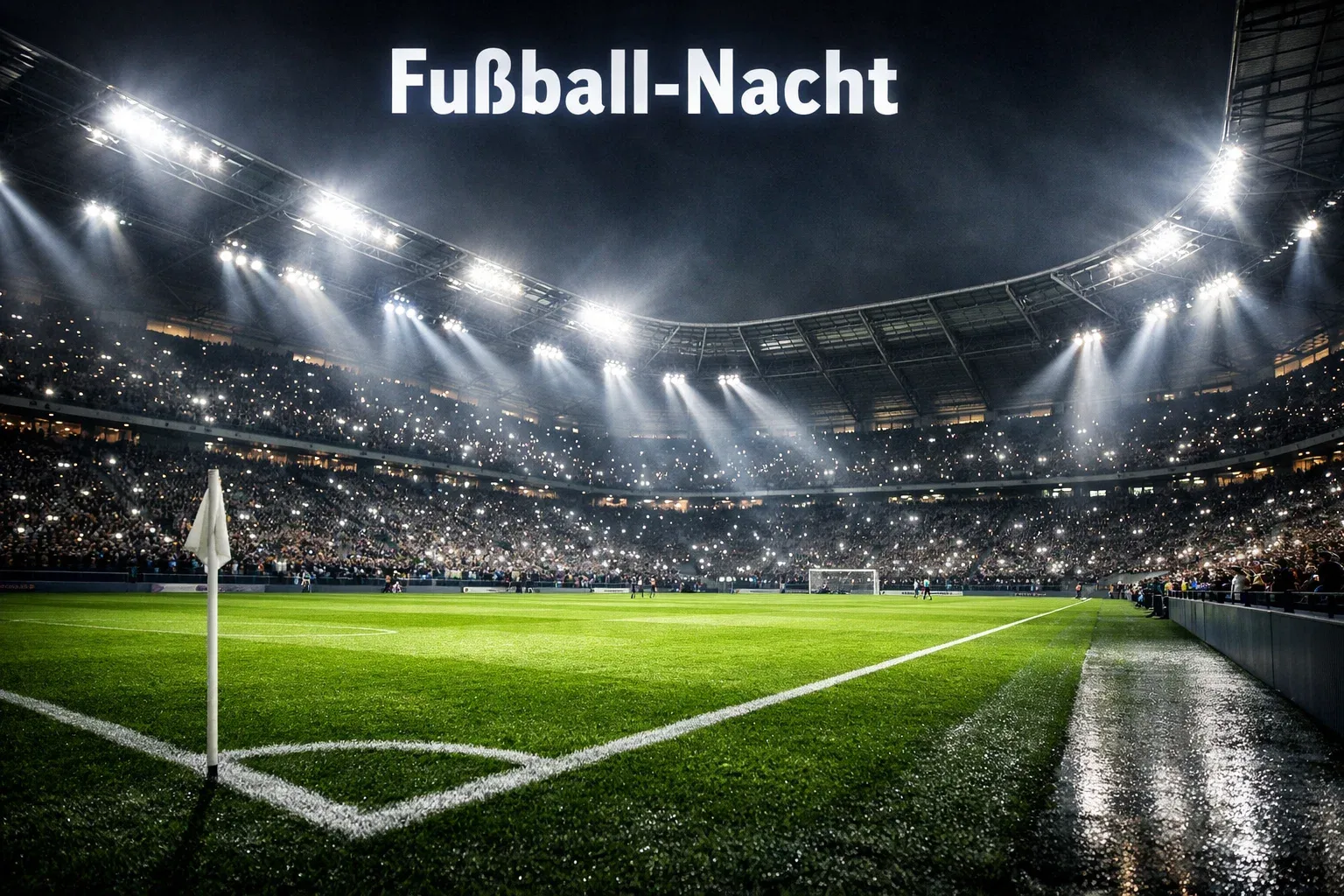Europäisches Fußballstadion bei Nacht mit Flutlicht und Fankulisse