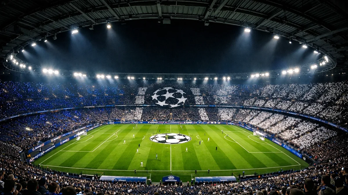 Europäisches Fußballstadion bei Champions League Nacht mit Flutlicht