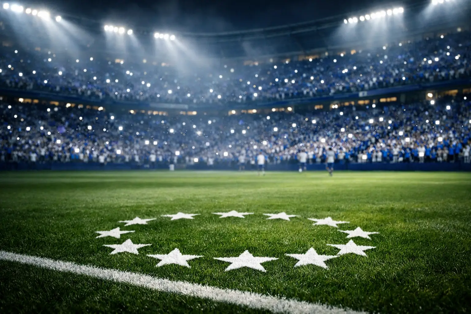 Fußballstadion bei Nacht mit Flutlicht während eines Champions League Spiels