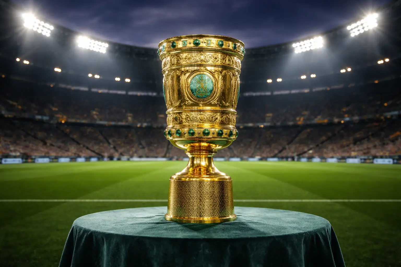 DFB-Pokal Trophäe im Rampenlicht eines deutschen Fußballstadions