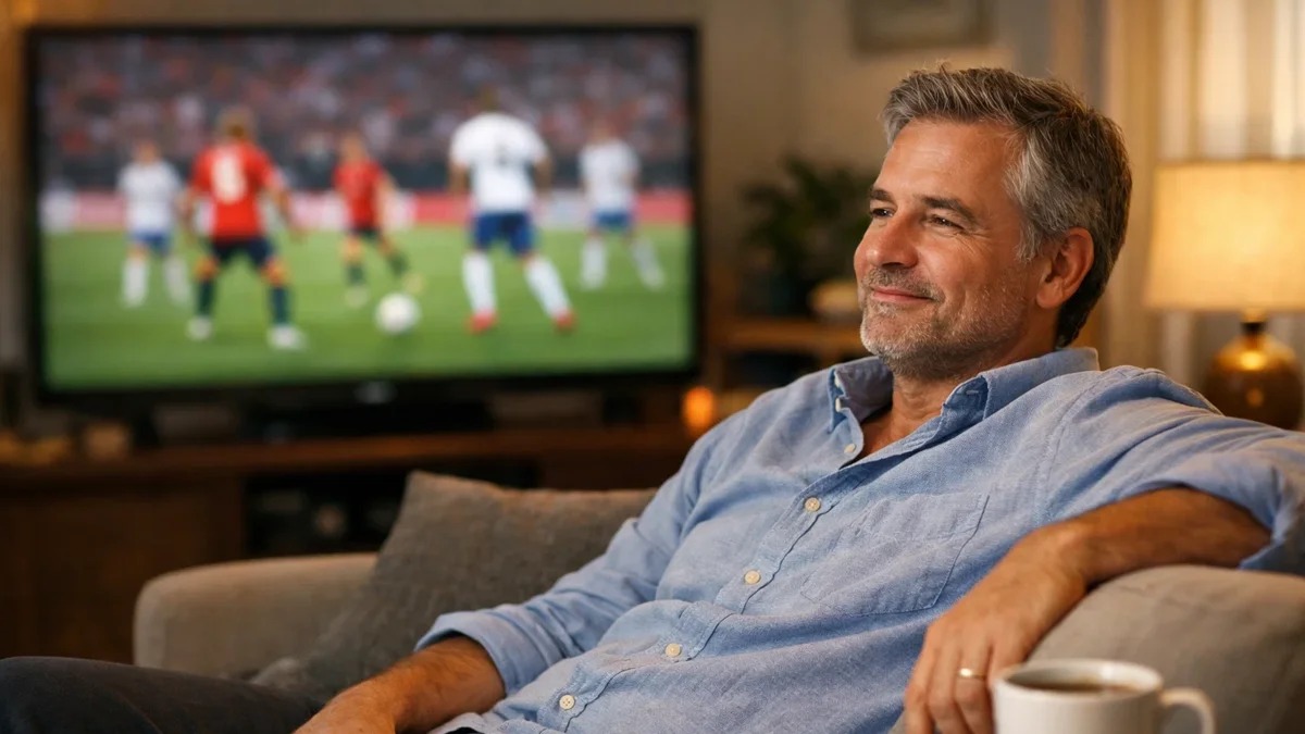 Entspannter Mann schaut Fußball auf dem Sofa zu Hause