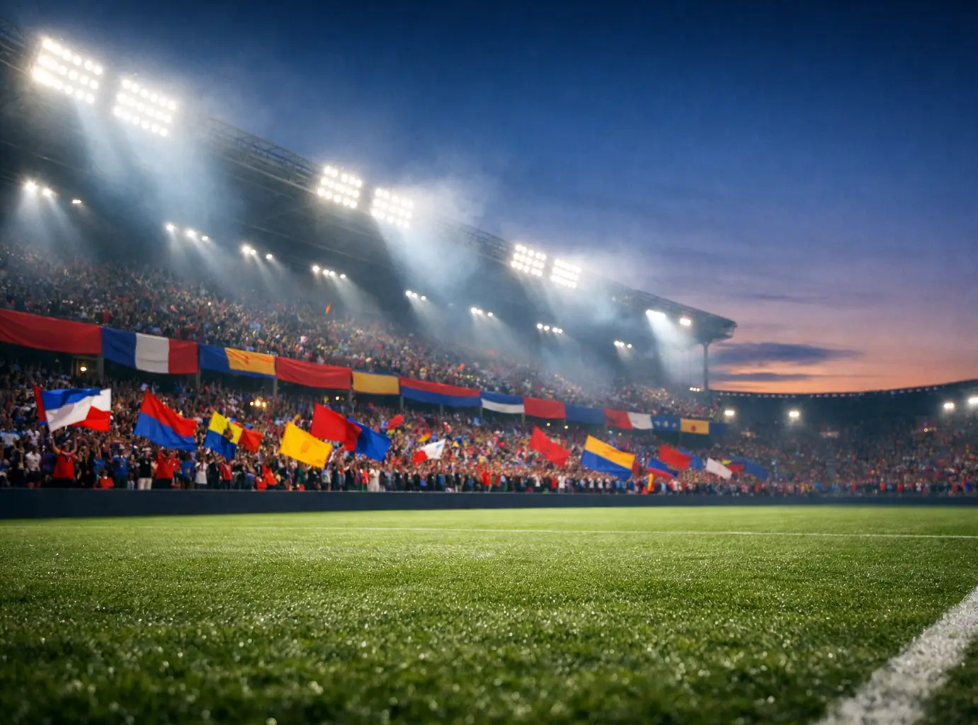 Europäischer Fußballabend mit Stadionatmosphäre und Fankulisse