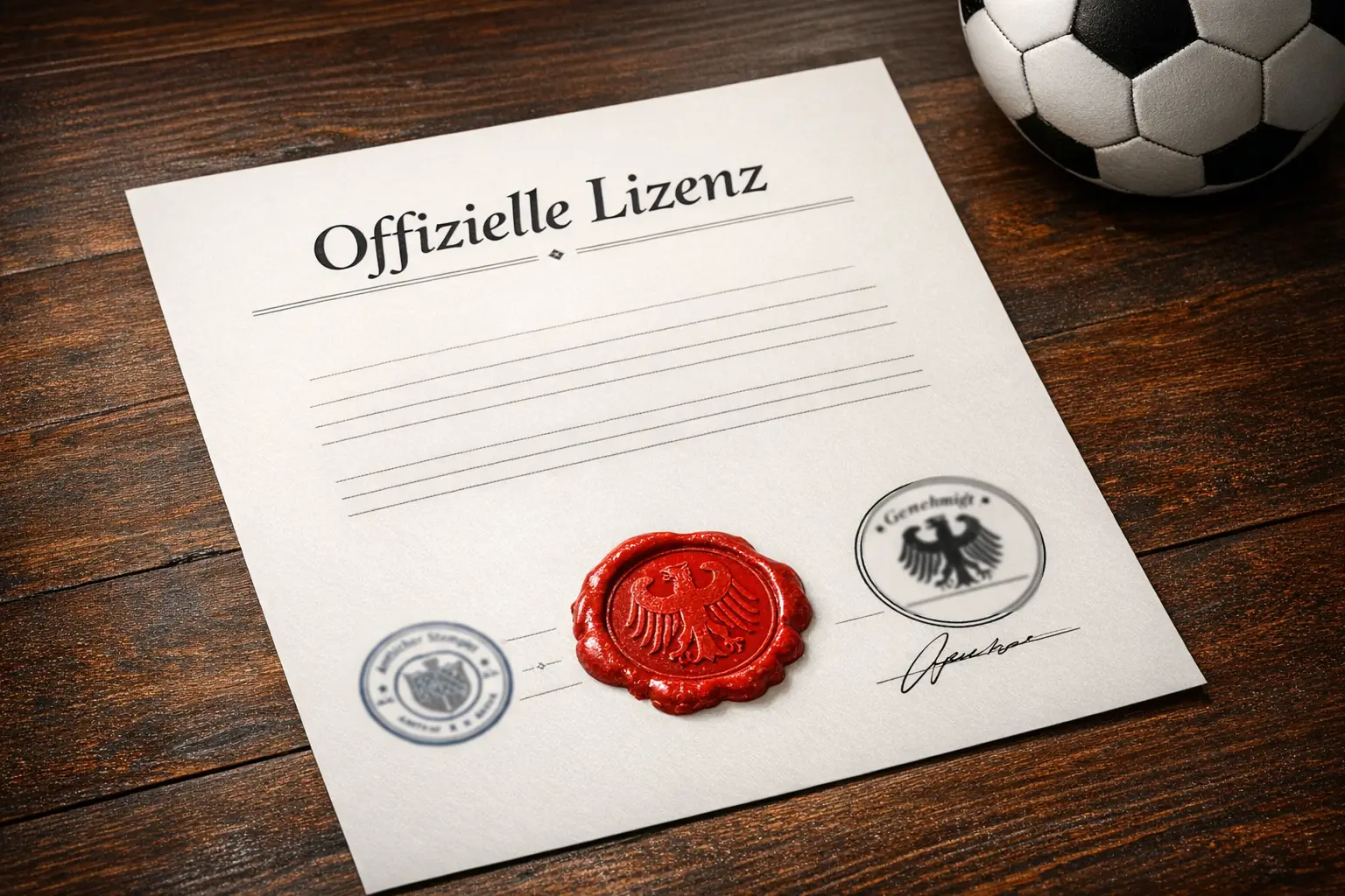 Offizielles Lizenzdokument mit deutschem Siegel und Fußball im Hintergrund