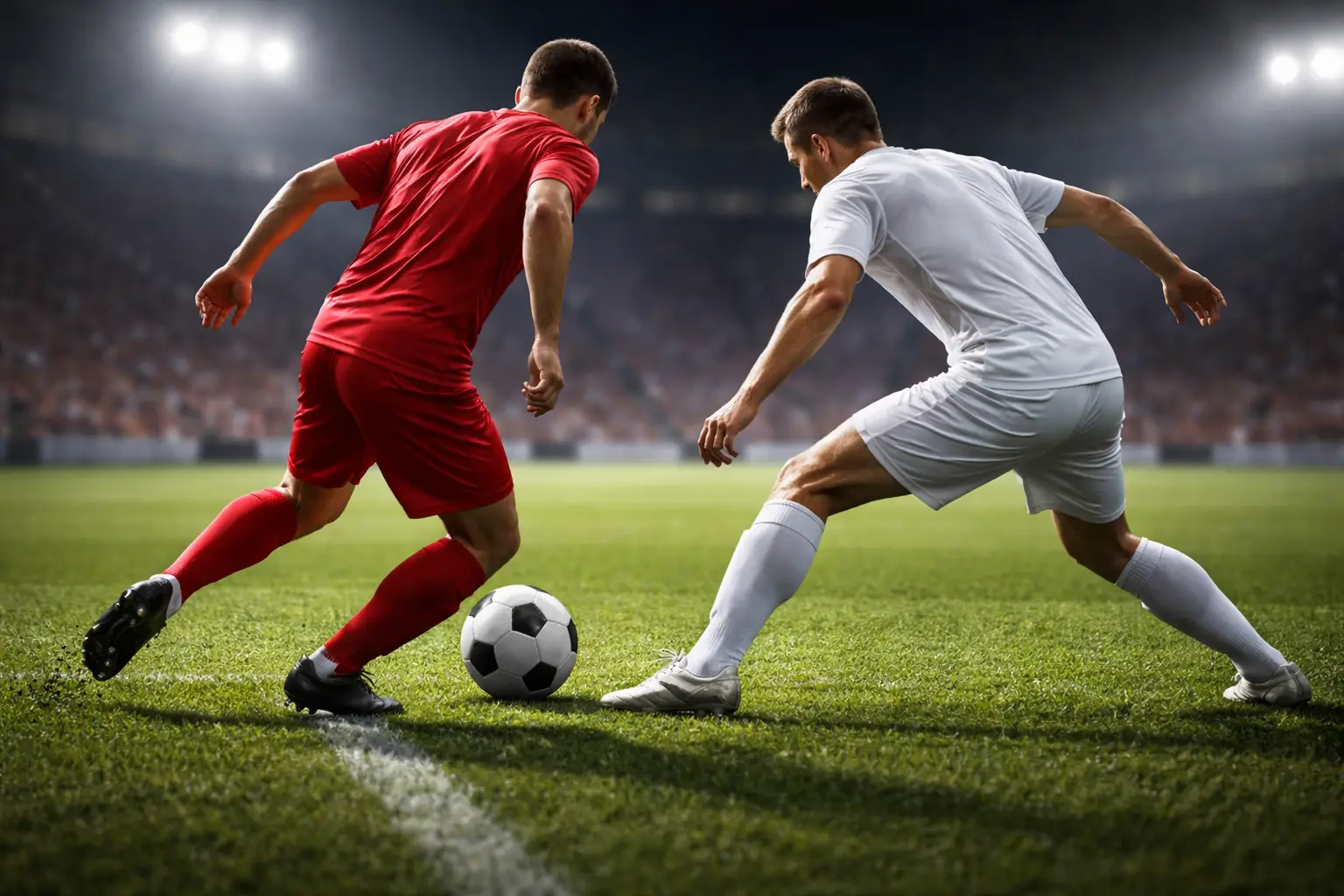 Fußballspieler im Zweikampf auf grünem Rasen im Stadion