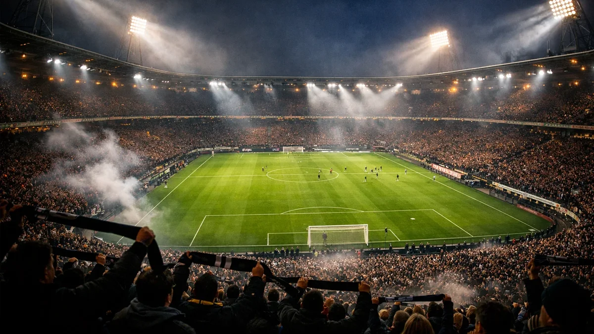 Fußballstadion bei Flutlicht mit begeisterten Fans auf den Rängen