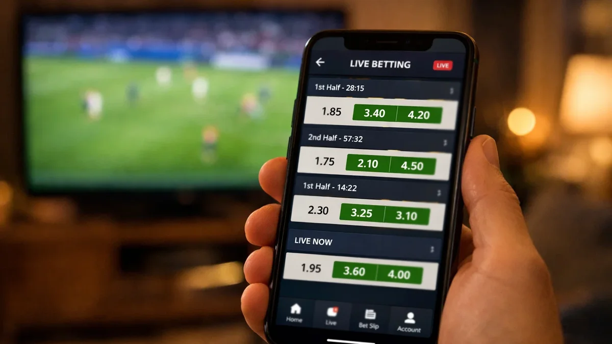 Smartphone mit Sportwetten-App vor einem Fernseher mit Fußballspiel