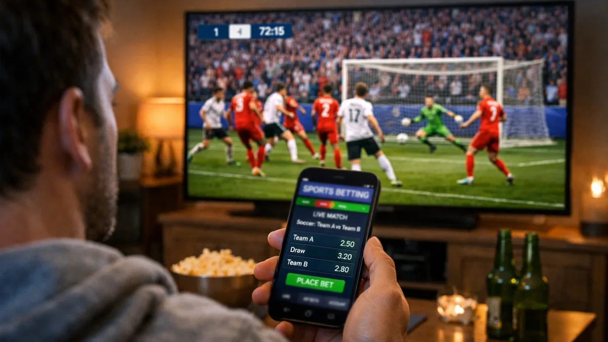 Person verfolgt Fußballspiel und platziert Live-Wetten auf Smartphone