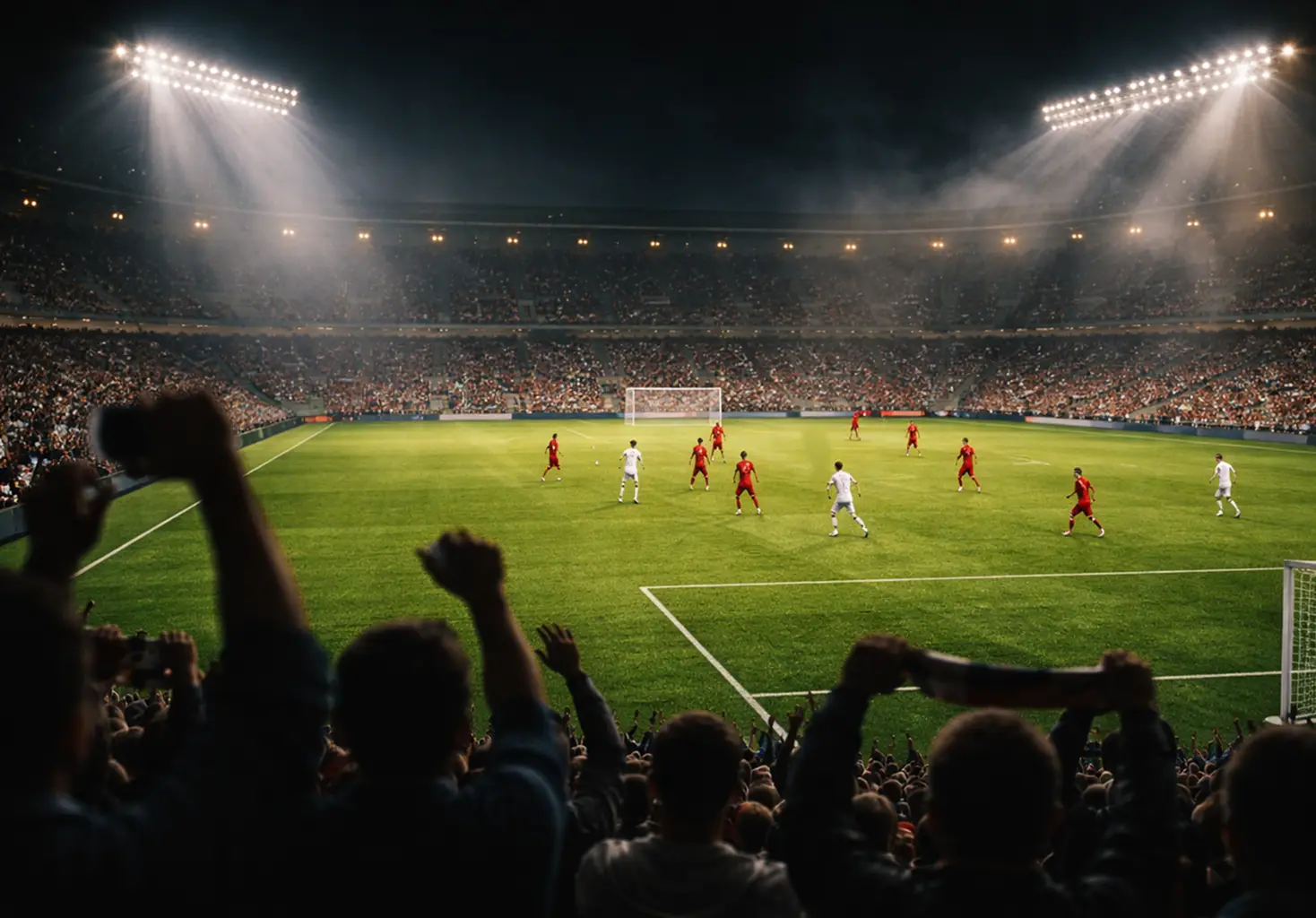 Fußballfans im Stadion verfolgen gespannt ein Live-Spiel bei Flutlicht