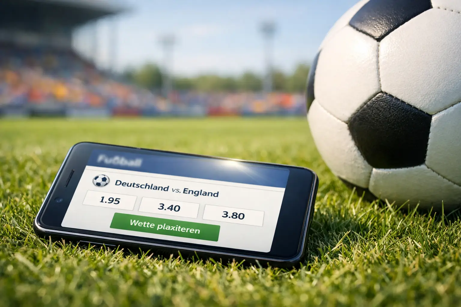 Smartphone mit Sportwetten-App auf einem Rasen im Fußballstadion