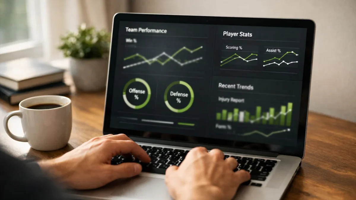 Person analysiert Sportwetten-Statistiken auf einem Laptop