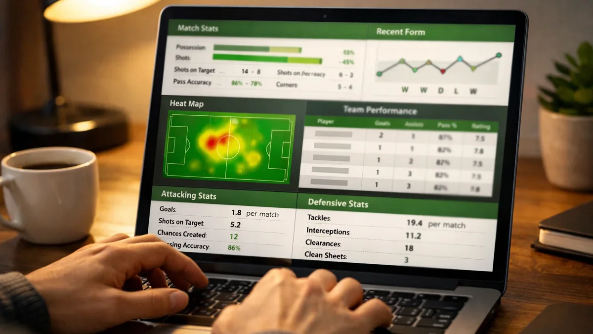 Person analysiert Fußballstatistiken auf einem Laptop
