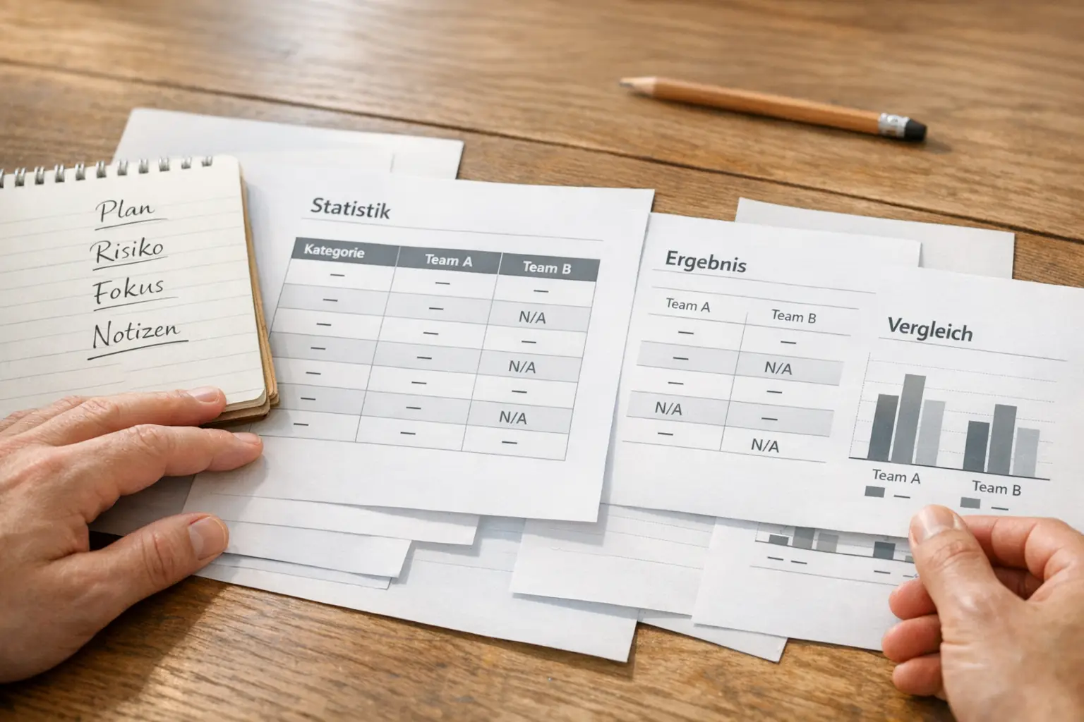 Person analysiert Statistiken und Quoten auf Papier für Sportwetten